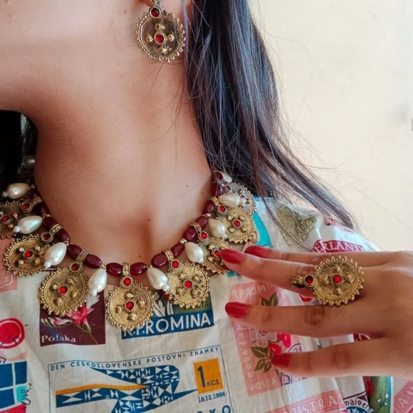 Pearls and Beads Jewelry Set, Handmade Coins Jewelry Set With Glass Stones, - Picture 3 of 12